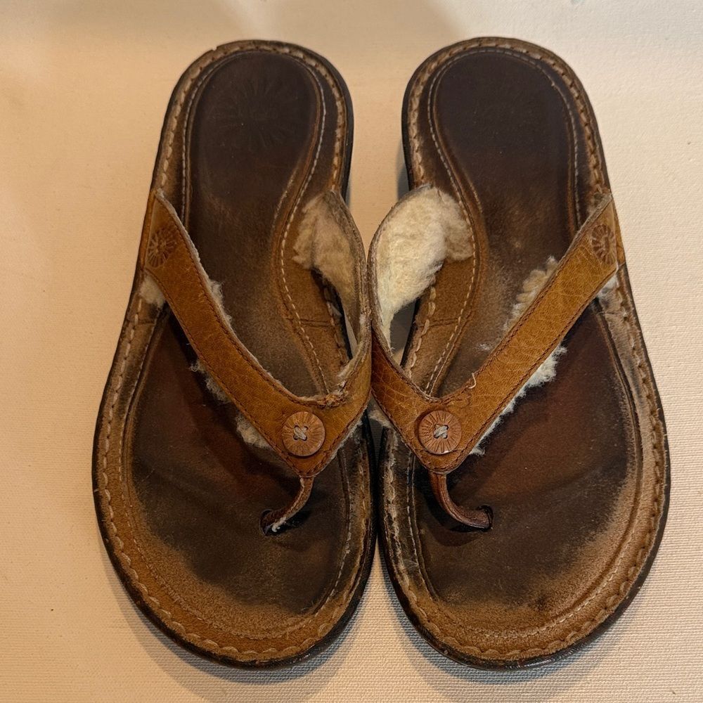 UGG Brown Leather Shearling-Trim Flip Flop Sandals